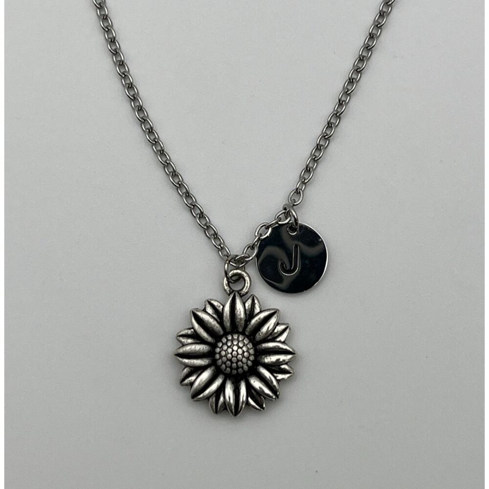 Silver Tone Sunflower Flower Pendant Necklace with Initial J Charm Jewelry